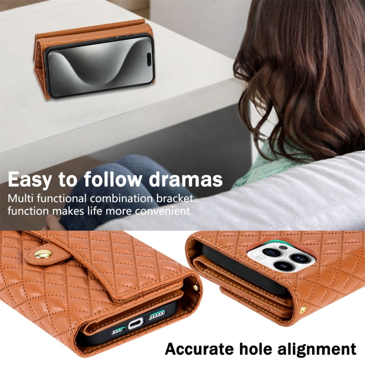 For iPhone 12 / 12 Pro Zipper Multi-Card Wallet Rhombic Leather Phone Case(Brown) - iPhone 12 / 12 Pro Cases by buy2fix | Online Shopping UK | buy2fix