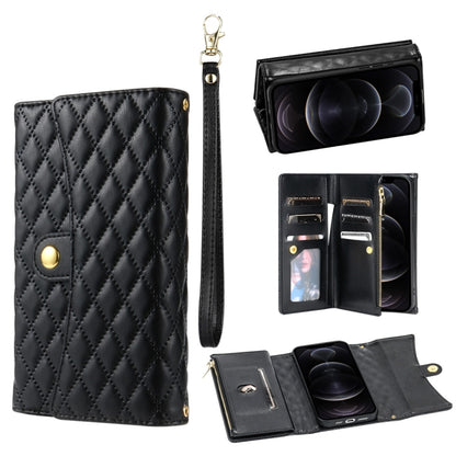 For iPhone 12 Pro Max Zipper Multi-Card Wallet Rhombic Leather Phone Case(Black) - iPhone 12 Pro Max Cases by buy2fix | Online Shopping UK | buy2fix
