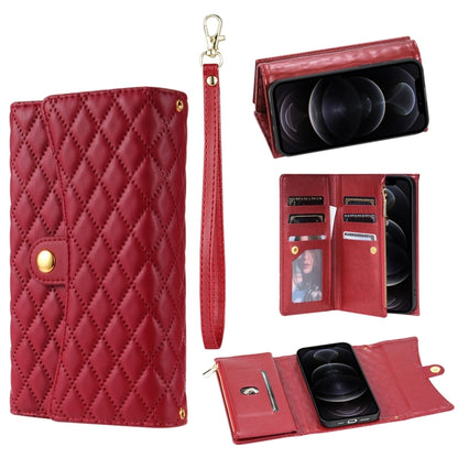 For iPhone 12 Pro Max Zipper Multi-Card Wallet Rhombic Leather Phone Case(Red) - iPhone 12 Pro Max Cases by buy2fix | Online Shopping UK | buy2fix