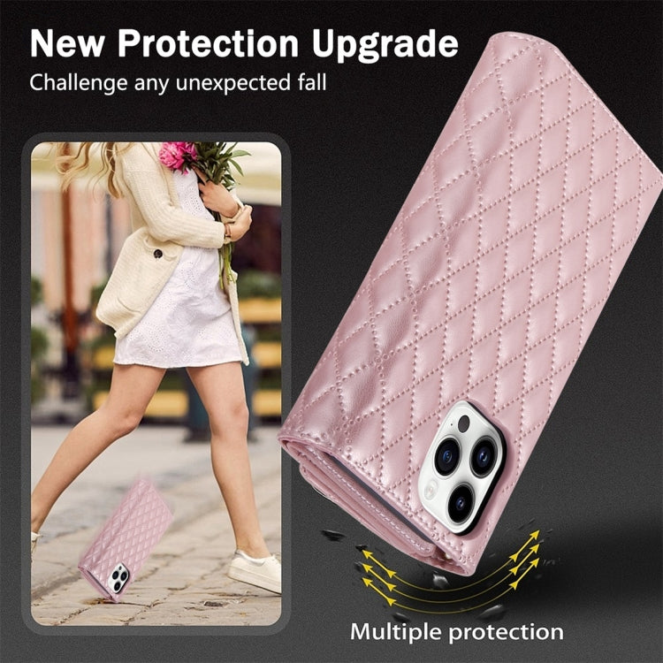 For iPhone 12 Pro Max Zipper Multi-Card Wallet Rhombic Leather Phone Case(Rose Gold) - iPhone 12 Pro Max Cases by buy2fix | Online Shopping UK | buy2fix