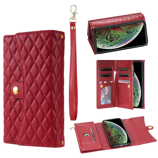 For iPhone X / XS Zipper Multi-Card Wallet Rhombic Leather Phone Case(Red) - More iPhone Cases by buy2fix | Online Shopping UK | buy2fix