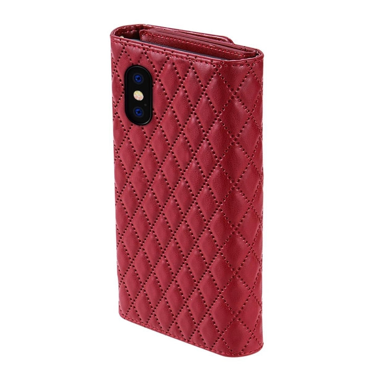 For iPhone X / XS Zipper Multi-Card Wallet Rhombic Leather Phone Case(Red) - More iPhone Cases by buy2fix | Online Shopping UK | buy2fix