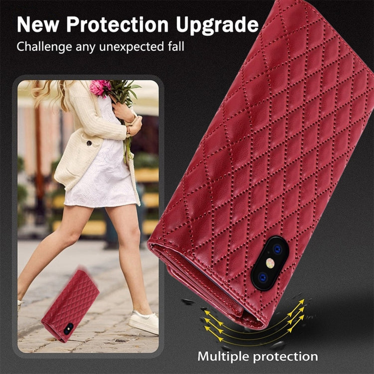For iPhone X / XS Zipper Multi-Card Wallet Rhombic Leather Phone Case(Red) - More iPhone Cases by buy2fix | Online Shopping UK | buy2fix