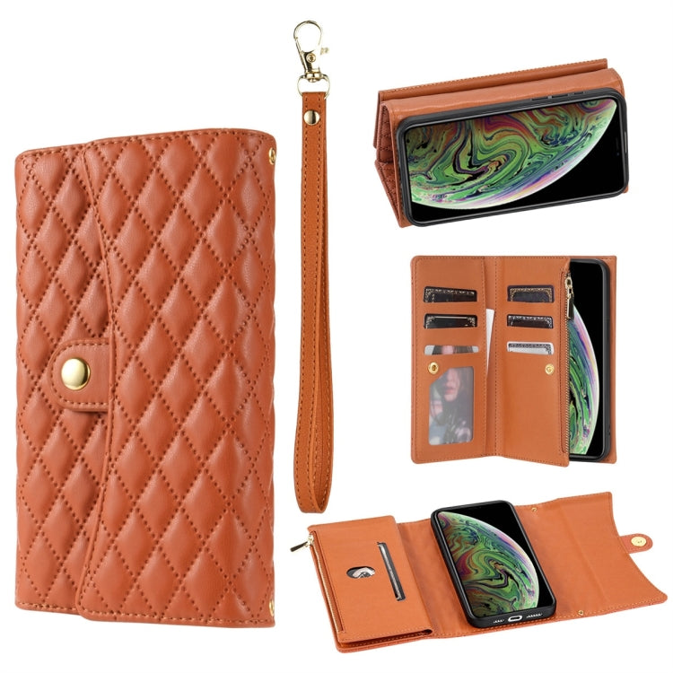 For iPhone XR Zipper Multi-Card Wallet Rhombic Leather Phone Case(Brown) - More iPhone Cases by buy2fix | Online Shopping UK | buy2fix