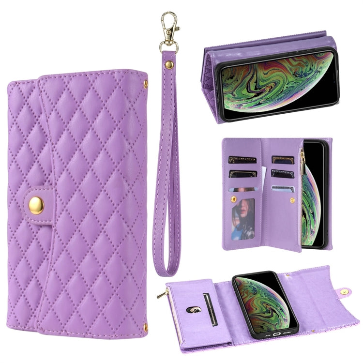 For iPhone XS Max Zipper Multi-Card Wallet Rhombic Leather Phone Case(Purple) - More iPhone Cases by buy2fix | Online Shopping UK | buy2fix