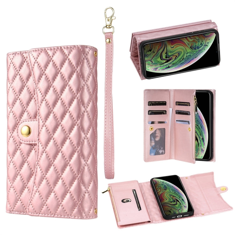 For iPhone XS Max Zipper Multi-Card Wallet Rhombic Leather Phone Case(Rose Gold) - More iPhone Cases by buy2fix | Online Shopping UK | buy2fix