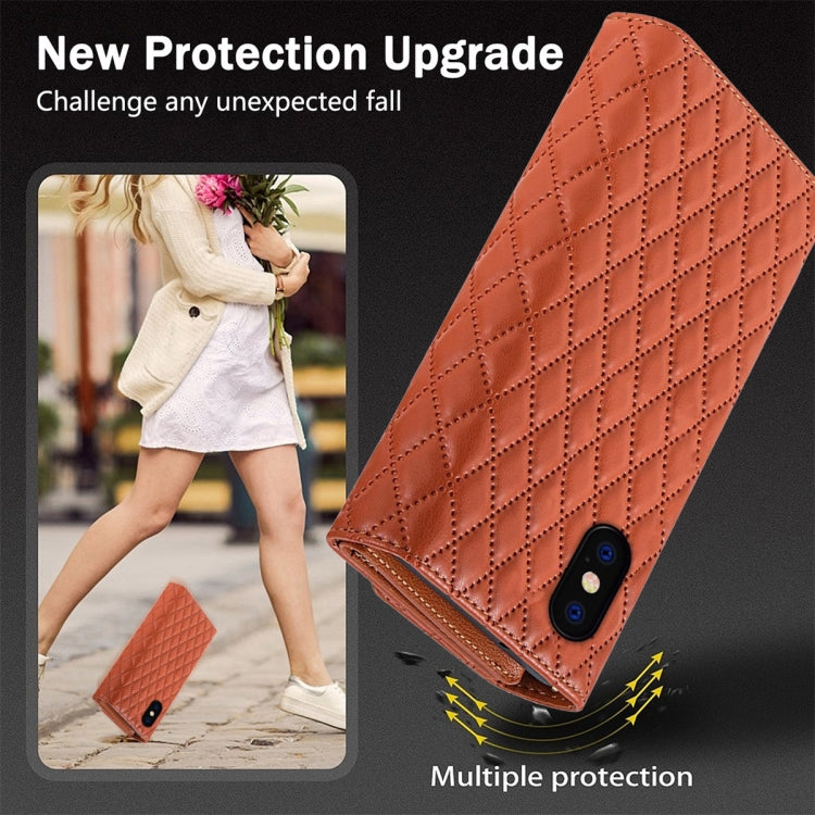 For iPhone XS Max Zipper Multi-Card Wallet Rhombic Leather Phone Case(Brown) - More iPhone Cases by buy2fix | Online Shopping UK | buy2fix