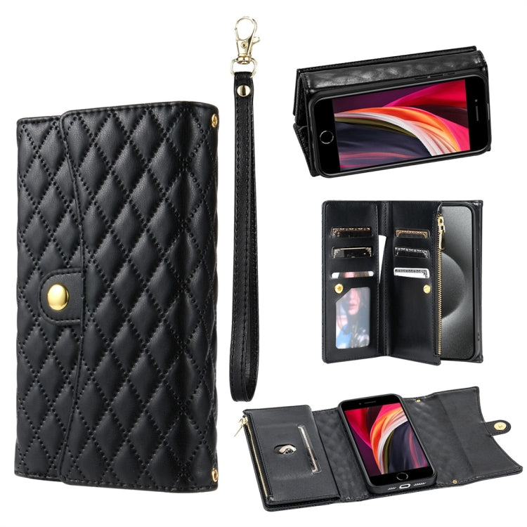 For iPhone 7 / 8 / SE 2022 Zipper Multi-Card Wallet Rhombic Leather Phone Case(Black) - iPhone SE 2022 / 2020 / 8 / 7 Cases by buy2fix | Online Shopping UK | buy2fix