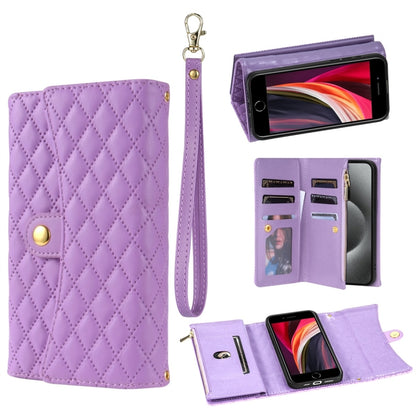 For iPhone 7 / 8 / SE 2022 Zipper Multi-Card Wallet Rhombic Leather Phone Case(Purple) - iPhone SE 2022 / 2020 / 8 / 7 Cases by buy2fix | Online Shopping UK | buy2fix