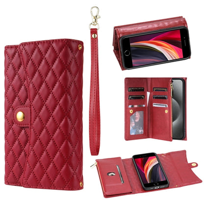 For iPhone 7 / 8 / SE 2022 Zipper Multi-Card Wallet Rhombic Leather Phone Case(Red) - iPhone SE 2022 / 2020 / 8 / 7 Cases by buy2fix | Online Shopping UK | buy2fix
