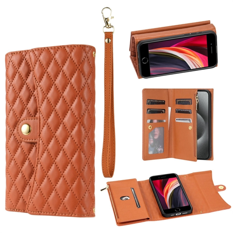 For iPhone 7 / 8 / SE 2022 Zipper Multi-Card Wallet Rhombic Leather Phone Case(Brown) - iPhone SE 2022 / 2020 / 8 / 7 Cases by buy2fix | Online Shopping UK | buy2fix