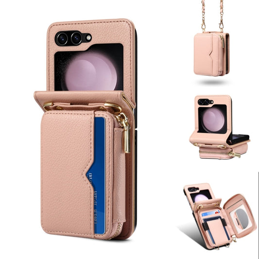 For Samsung Galaxy Z Flip5 Folding Leather Phone Case with Long Lanyard(Rose Gold) - Galaxy Z Flip5 Cases by buy2fix | Online Shopping UK | buy2fix