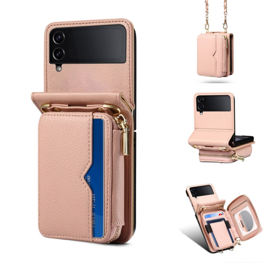 For Samsung Galaxy Z Flip4 Folding Leather Phone Case with Long Lanyard(Rose Gold) - Galaxy Z Flip4 5G Cases by buy2fix | Online Shopping UK | buy2fix