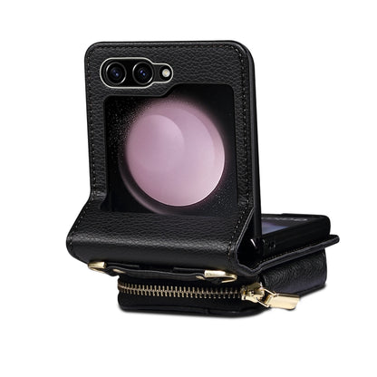 For Samsung Galaxy Z Flip3 Folding Leather Phone Case with Long Lanyard(Black) - Galaxy Phone Cases by buy2fix | Online Shopping UK | buy2fix