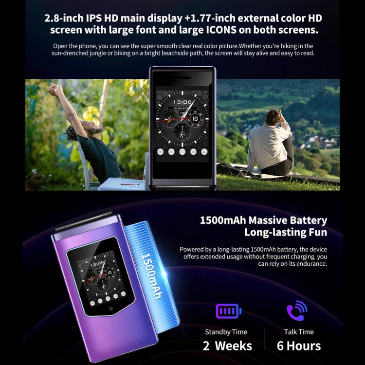 HAMTOD T8 4G Flip Phone, EU Version, 2.8 inch + 1.77 inch, VoLTE, BT, SOS, OTG(Purple) - Other by HAMTOD | Online Shopping UK | buy2fix