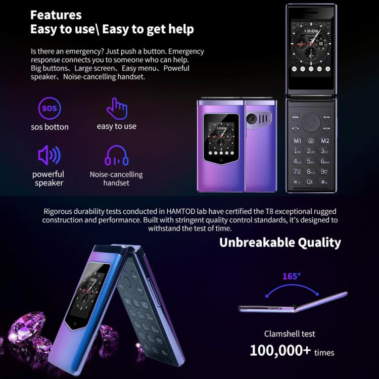 HAMTOD T8 4G Flip Phone, EU Version, 2.8 inch + 1.77 inch, VoLTE, BT, SOS, OTG(Purple) - Other by HAMTOD | Online Shopping UK | buy2fix