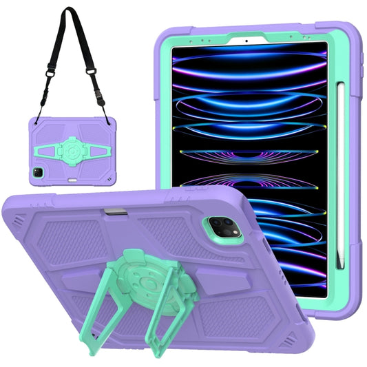 For iPad Air 2022 10.9 / Pro 11 2022 Punk Stand PC Hybrid Silicone Tablet Case with Shoulder Strap(Purple Teal) - iPad Pro 11 (2022/2021) Cases by buy2fix | Online Shopping UK | buy2fix