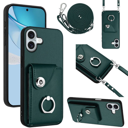 For iPhone 16 Plus Organ Card Bag Ring Holder Phone Case with Long Lanyard(Green) by buy2fix
