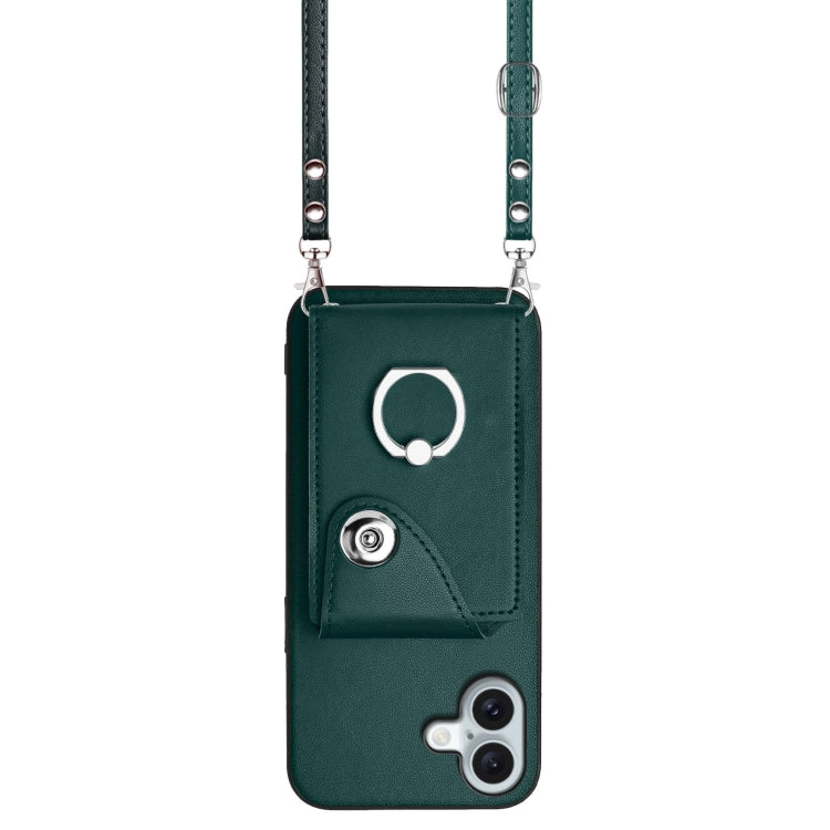 For iPhone 16 Plus Organ Card Bag Ring Holder Phone Case with Long Lanyard(Green) by buy2fix