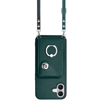 For iPhone 16 Plus Organ Card Bag Ring Holder Phone Case with Long Lanyard(Green) by buy2fix