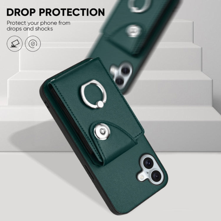 For iPhone 16 Plus Organ Card Bag Ring Holder Phone Case with Long Lanyard(Green) by buy2fix