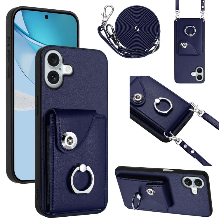 For iPhone 16 Plus Organ Card Bag Ring Holder Phone Case with Long Lanyard(Blue) by buy2fix
