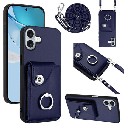 For iPhone 16 Plus Organ Card Bag Ring Holder Phone Case with Long Lanyard(Blue) by buy2fix