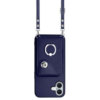 For iPhone 16 Plus Organ Card Bag Ring Holder Phone Case with Long Lanyard(Blue) by buy2fix