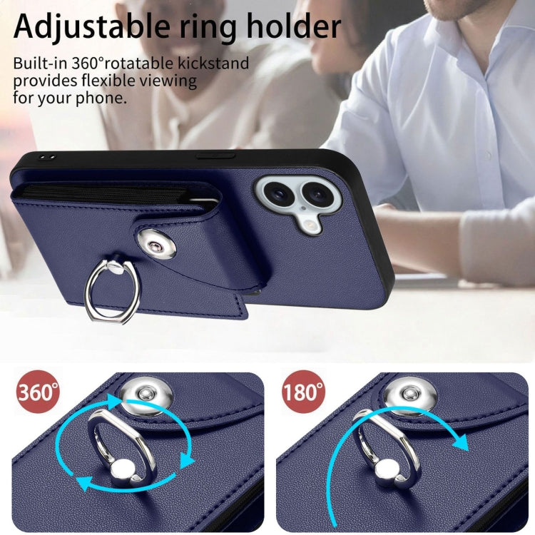 For iPhone 16 Plus Organ Card Bag Ring Holder Phone Case with Long Lanyard(Blue) by buy2fix