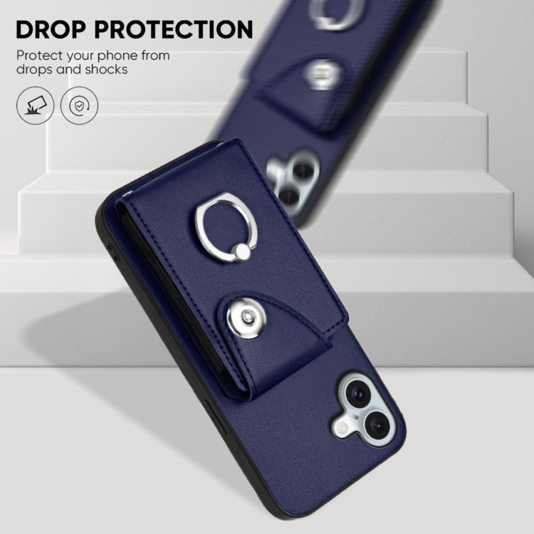For iPhone 16 Plus Organ Card Bag Ring Holder Phone Case with Long Lanyard(Blue) by buy2fix