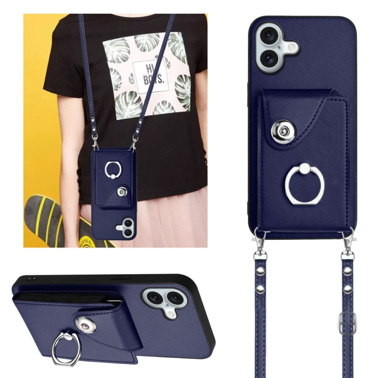 For iPhone 16 Plus Organ Card Bag Ring Holder Phone Case with Long Lanyard(Blue) by buy2fix