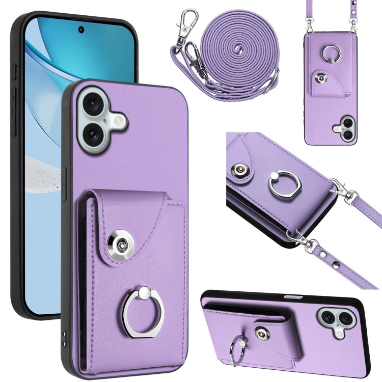 For iPhone 16 Plus Organ Card Bag Ring Holder Phone Case with Long Lanyard(Purple) by buy2fix
