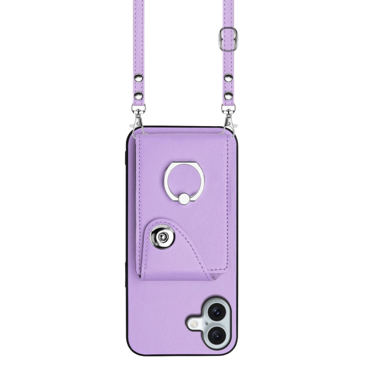 For iPhone 16 Plus Organ Card Bag Ring Holder Phone Case with Long Lanyard(Purple) by buy2fix