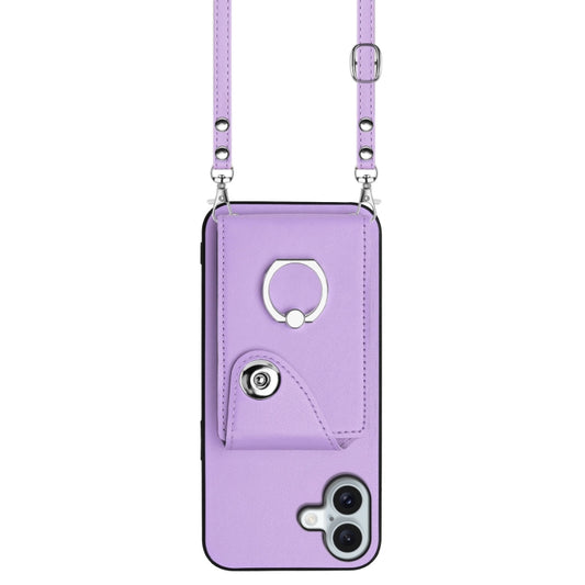 For iPhone 16 Plus Organ Card Bag Ring Holder Phone Case with Long Lanyard(Purple) by buy2fix