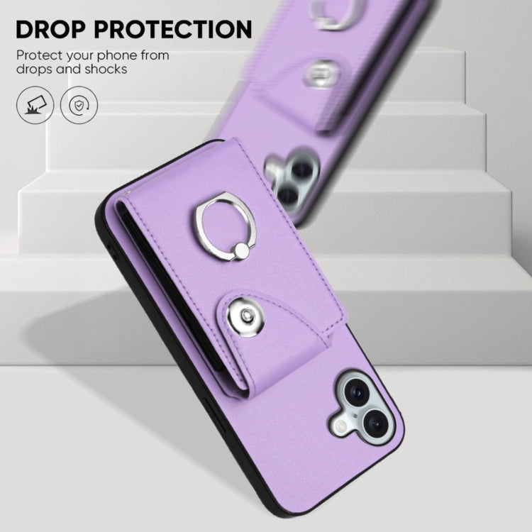 For iPhone 16 Plus Organ Card Bag Ring Holder Phone Case with Long Lanyard(Purple) by buy2fix