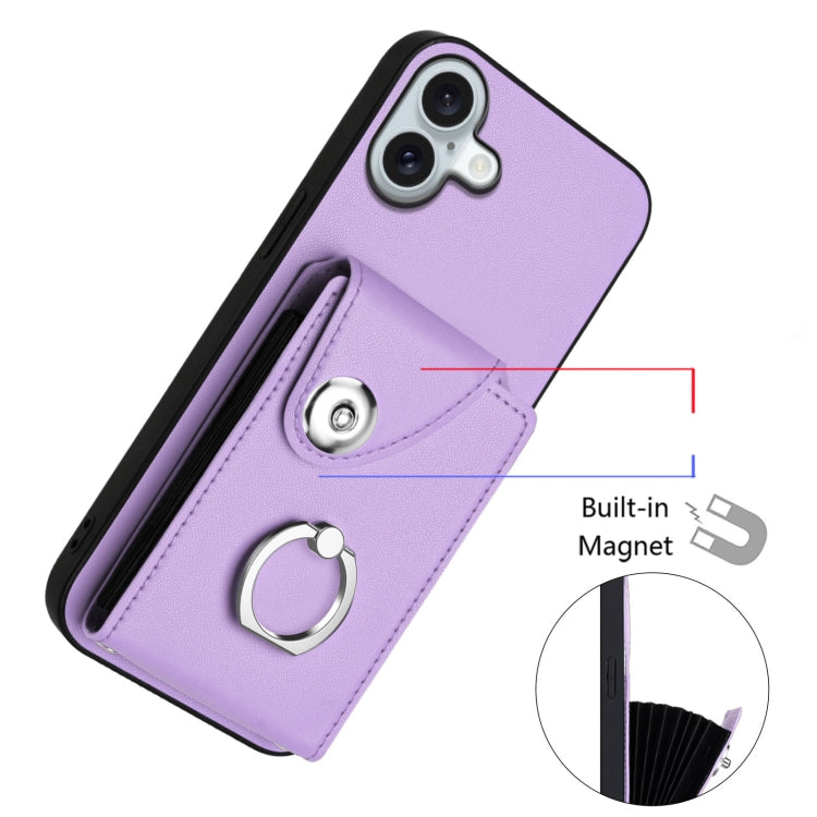 For iPhone 16 Plus Organ Card Bag Ring Holder Phone Case with Long Lanyard(Purple) by buy2fix