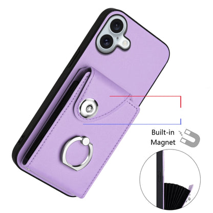 For iPhone 16 Plus Organ Card Bag Ring Holder Phone Case with Long Lanyard(Purple) by buy2fix