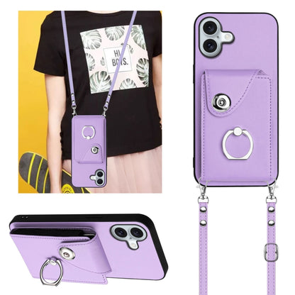 For iPhone 16 Plus Organ Card Bag Ring Holder Phone Case with Long Lanyard(Purple) by buy2fix