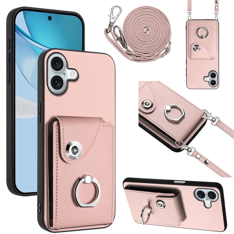 For iPhone 16 Plus Organ Card Bag Ring Holder Phone Case with Long Lanyard(Pink) by buy2fix