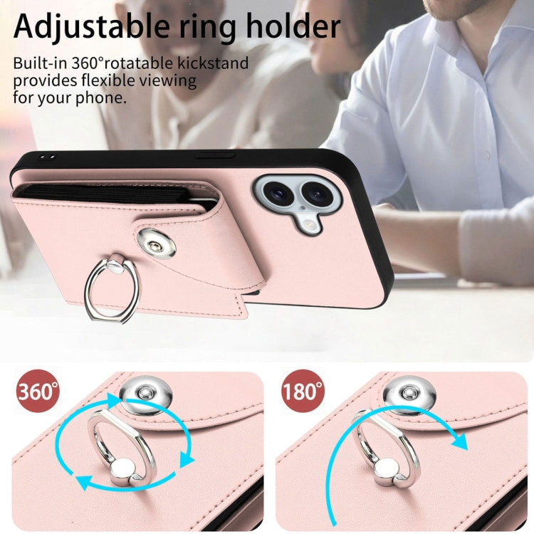 For iPhone 16 Plus Organ Card Bag Ring Holder Phone Case with Long Lanyard(Pink) by buy2fix