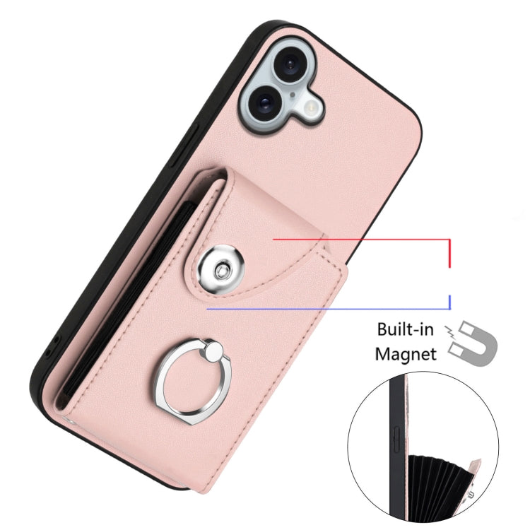 For iPhone 16 Plus Organ Card Bag Ring Holder Phone Case with Long Lanyard(Pink) by buy2fix