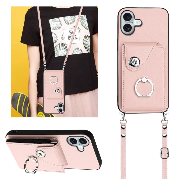 For iPhone 16 Plus Organ Card Bag Ring Holder Phone Case with Long Lanyard(Pink) by buy2fix
