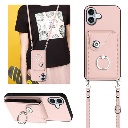 For iPhone 16 Plus Organ Card Bag Ring Holder Phone Case with Long Lanyard(Pink) by buy2fix