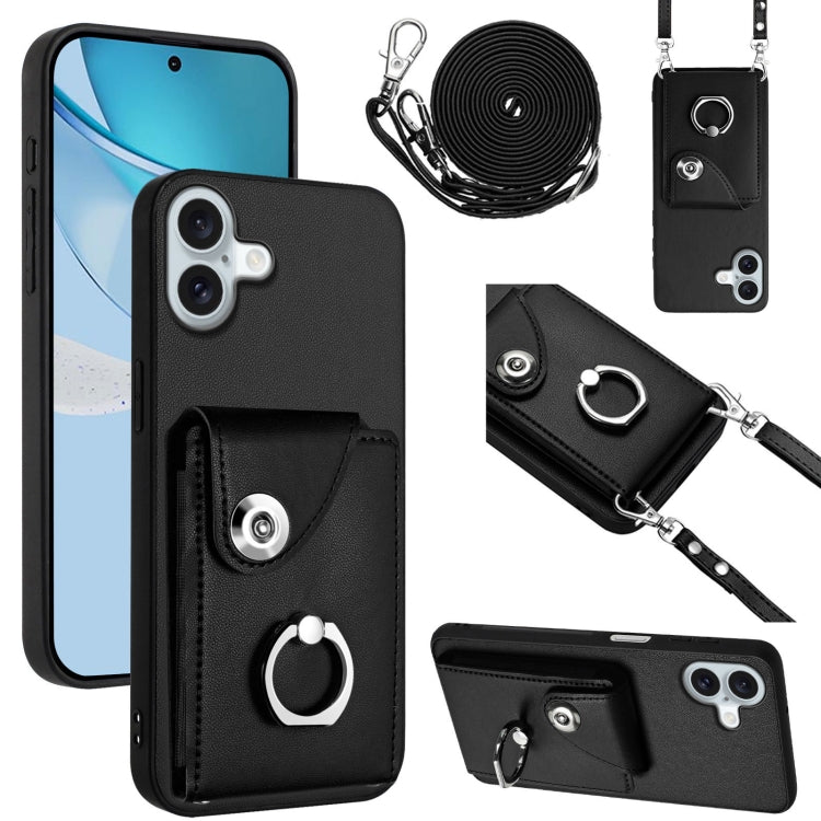 For iPhone 16 Plus Organ Card Bag Ring Holder Phone Case with Long Lanyard(Black) by buy2fix