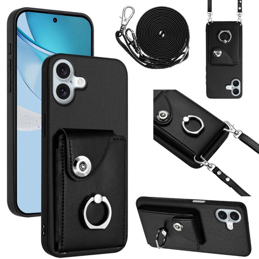 For iPhone 16 Plus Organ Card Bag Ring Holder Phone Case with Long Lanyard(Black) by buy2fix
