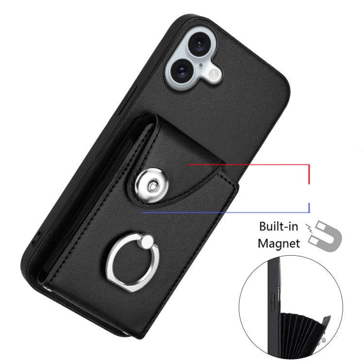 For iPhone 16 Plus Organ Card Bag Ring Holder Phone Case with Long Lanyard(Black) by buy2fix