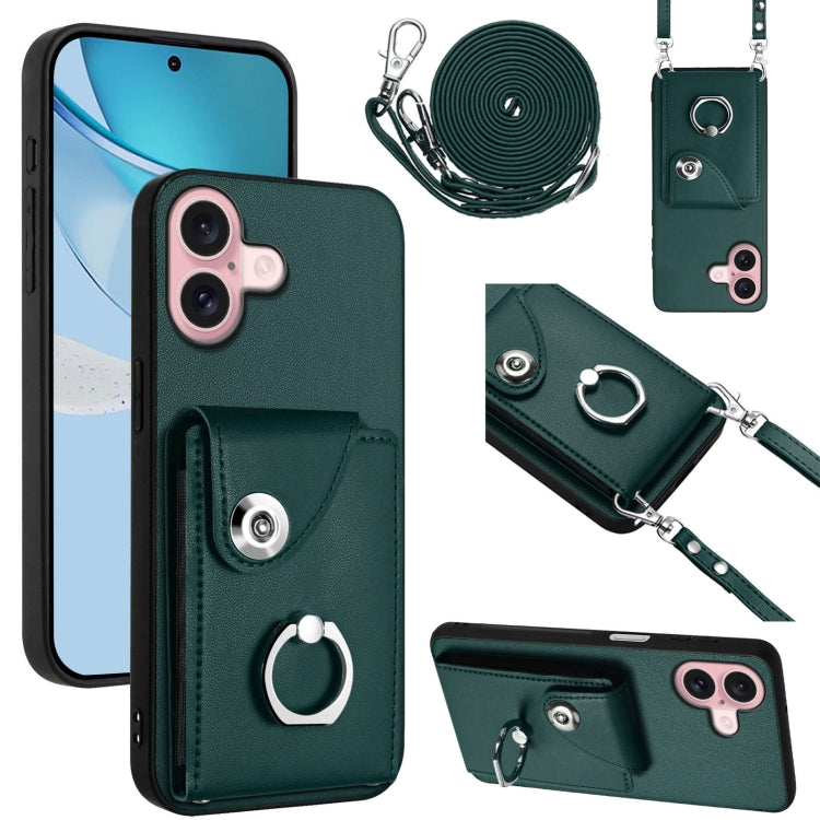 For iPhone 16 Organ Card Bag Ring Holder Phone Case with Long Lanyard(Green) by buy2fix