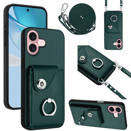 For iPhone 16 Organ Card Bag Ring Holder Phone Case with Long Lanyard(Green) by buy2fix