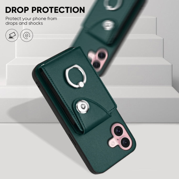 For iPhone 16 Organ Card Bag Ring Holder Phone Case with Long Lanyard(Green) by buy2fix