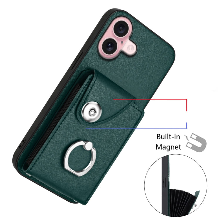 For iPhone 16 Organ Card Bag Ring Holder Phone Case with Long Lanyard(Green) by buy2fix